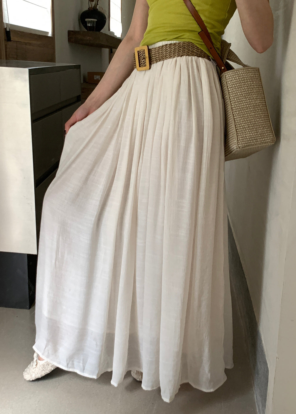 Summer Cotton Elastic Solid Wrinkled Skirts White Women Waist