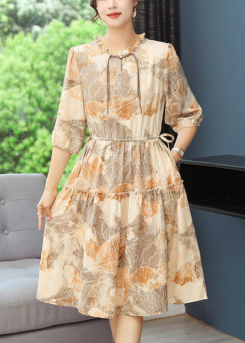 Women Robe Print Summer Dresses Yellow Cinched