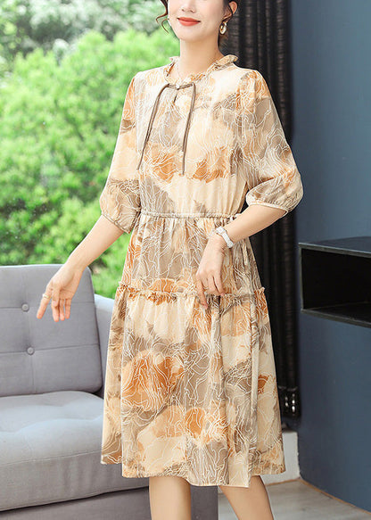 Women Robe Print Summer Dresses Yellow Cinched