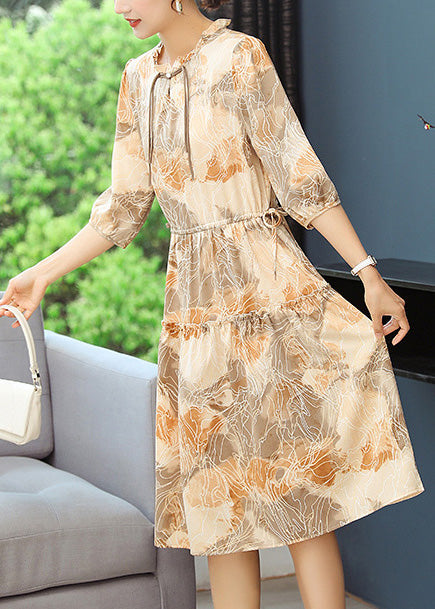 Women Robe Print Summer Dresses Yellow Cinched
