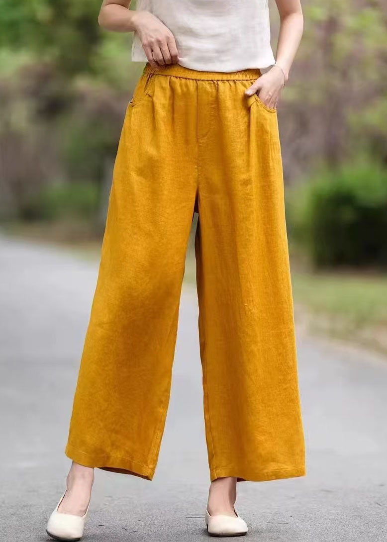 Pockets Pants Summer Linen Yellow Women Waist Elastic
