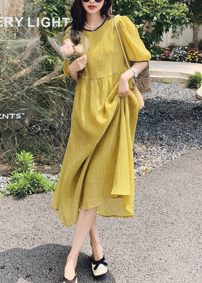 Women Yellow O Neck Patchwork Cotton Dress Summer XX024