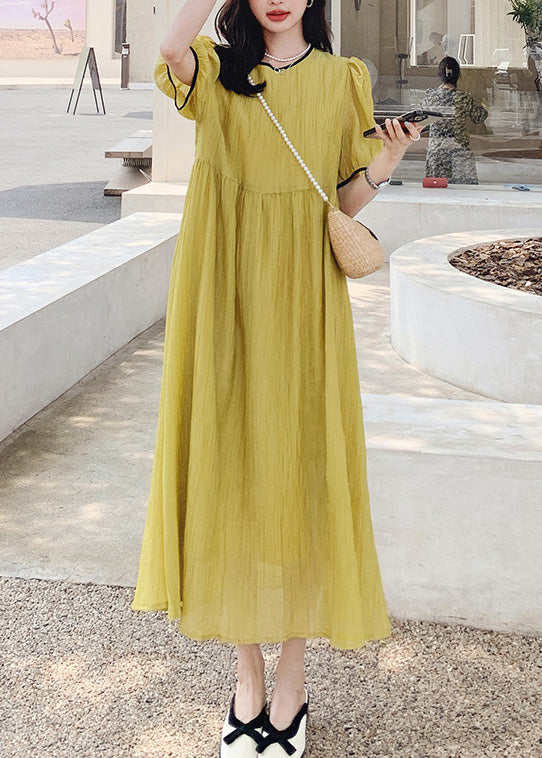 Women Yellow O Neck Patchwork Cotton Dress Summer XX024