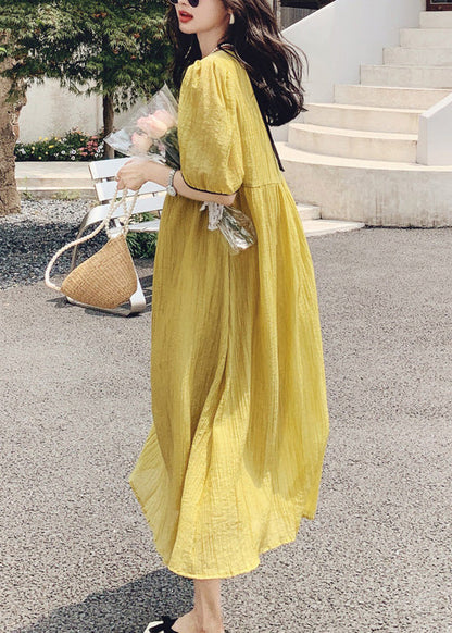 Women Yellow O Neck Patchwork Cotton Dress Summer XX024