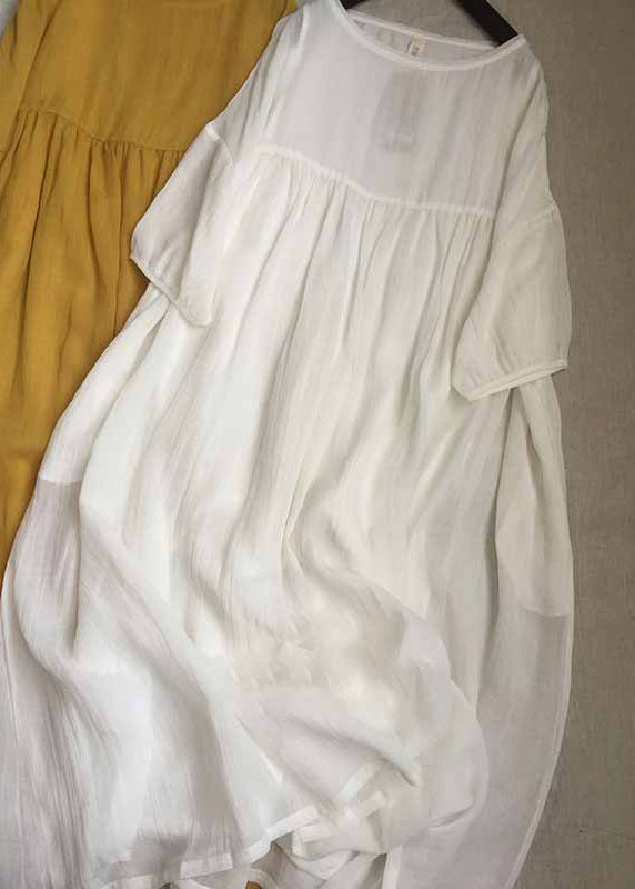 Women Yellow O-Neck Patchwork Wrinkled Long Dresses Short Sleeve GH1087