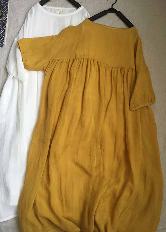 Women Yellow O-Neck Patchwork Wrinkled Long Dresses Short Sleeve GH1087