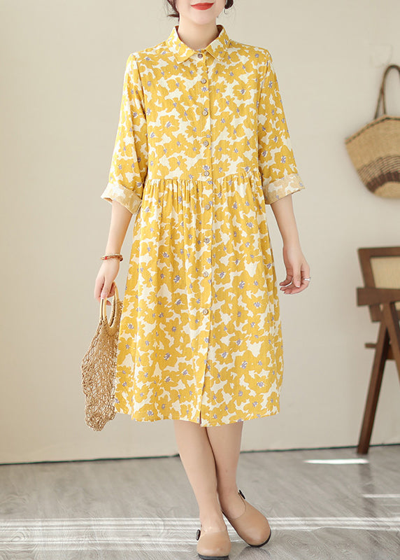 Women Yellow Peter Pan Collar Print Cotton Shirts Dresses Fall QA043