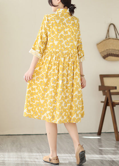 Women Yellow Peter Pan Collar Print Cotton Shirts Dresses Fall QA043