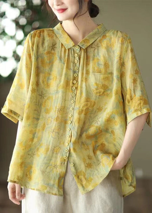 Women Yellow Peter Pan Collar Print Linen Shirt Tops Summer AP084