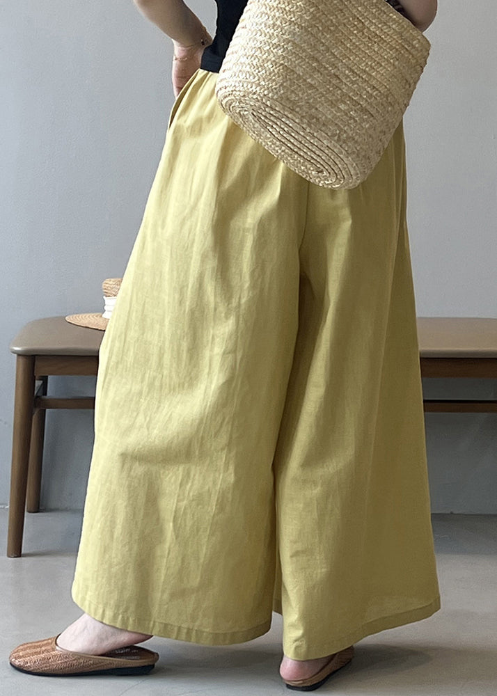 Women Yellow Pockets Solid Cotton Wide Leg Pants Summer QE055