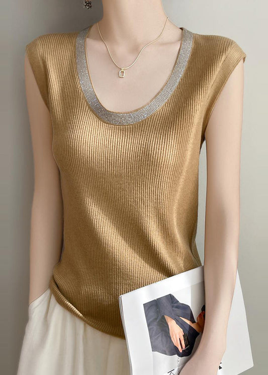 Yellow Summer U Patchwork Tank Knit Women Neck
