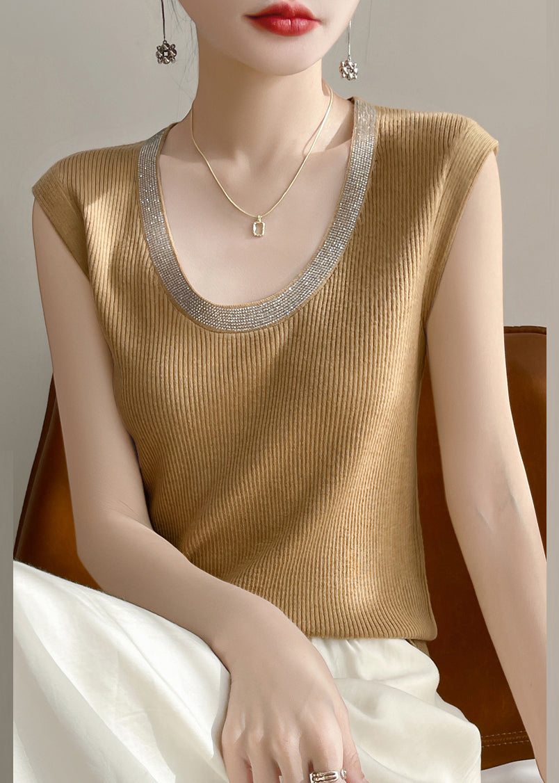 Yellow Summer U Patchwork Tank Knit Women Neck