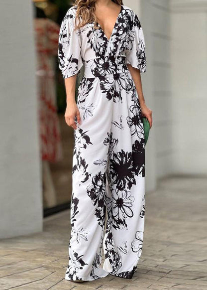 Cotton Neck Jumpsuit Summer Yellow Women V Print