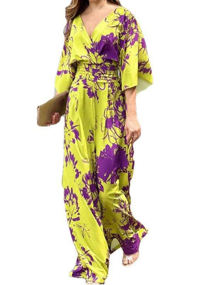 Cotton Neck Jumpsuit Summer Yellow Women V Print