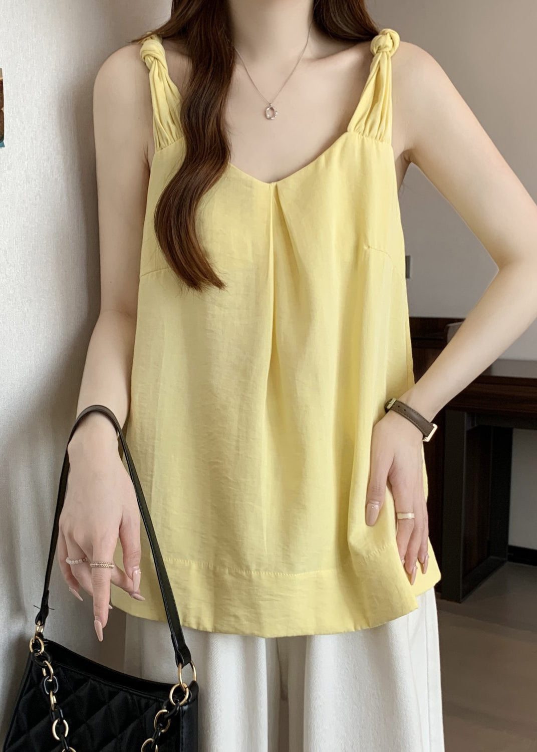 Tank Neck Solid Women Sleeveless Cotton Yellow V