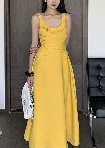 Women Yellow Wrinkled Solid Cotton Spaghetti Strap Dress Sleeveless XX080