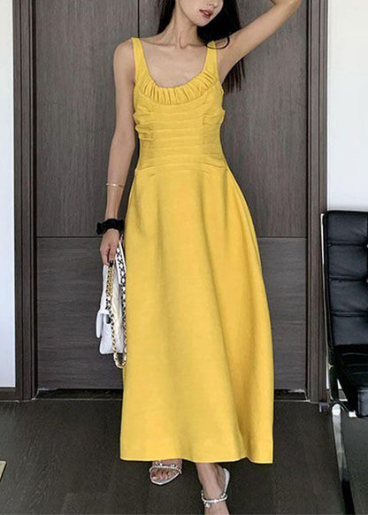 Women Yellow Wrinkled Solid Cotton Spaghetti Strap Dress Sleeveless XX080