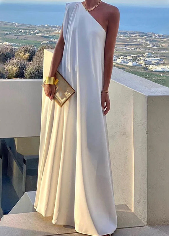 Long Shoulder White Solid Women's One Dress Summer