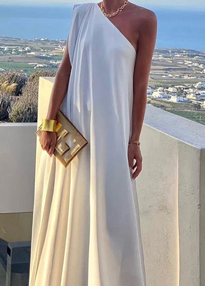 Long Shoulder White Solid Women's One Dress Summer