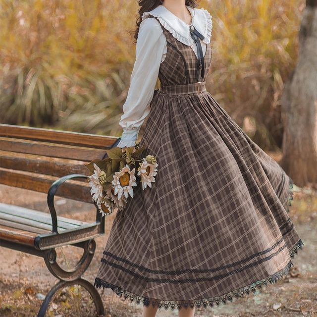 Plaid A-Line Midi Dress with Long-Sleeve Frill Blouse Set