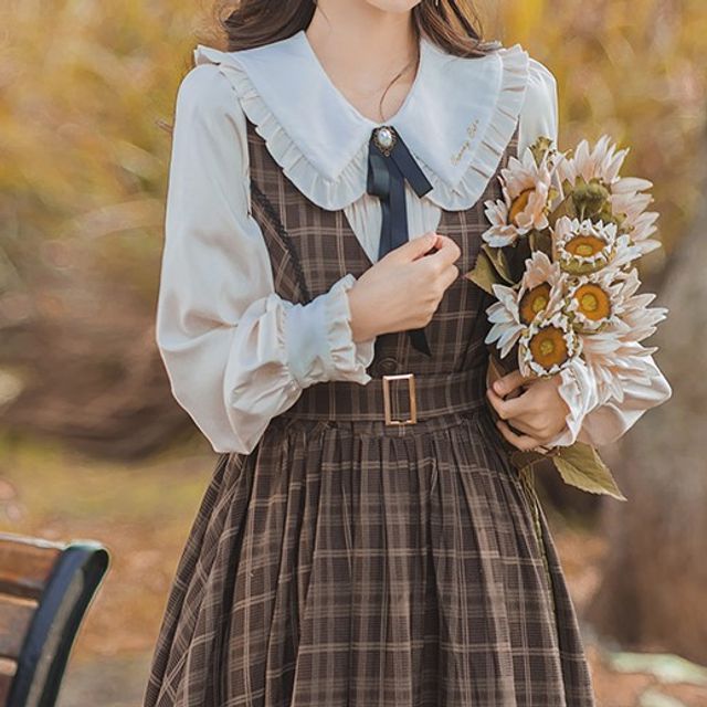 Plaid A-Line Midi Dress with Long-Sleeve Frill Blouse Set