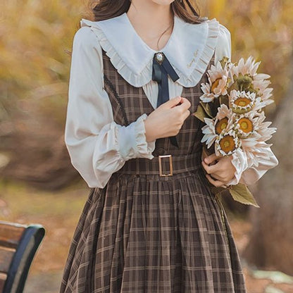 Plaid A-Line Midi Dress with Long-Sleeve Frill Blouse Set