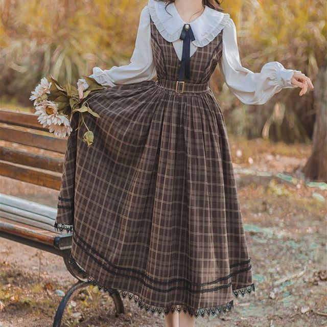 Plaid A-Line Midi Dress with Long-Sleeve Frill Blouse Set