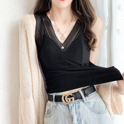 Lace-Trimmed V-Neck Sleeveless Shell
