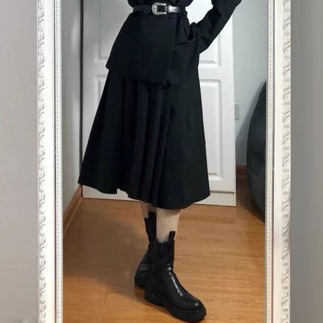 Plain Blazer / Faux Leather Belt / Midi A-Line Skirt / Set