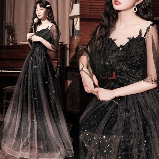 Short-Sleeve Sheer A-Line Evening Dress / Gown