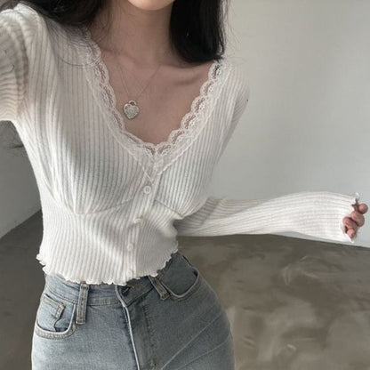 V-Neck Long-Sleeve Top with Lace Accent