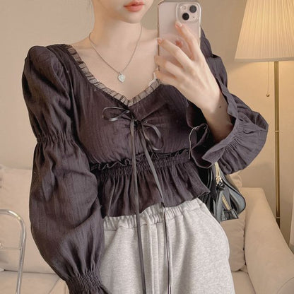 Drawstring Blouse with Puff Sleeves and Lace Detail