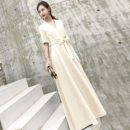 Short-Sleeve Tie-Front A-Line Evening Gown (Various Designs)