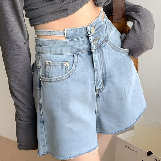 Mid Rise Cutout Denim Shorts