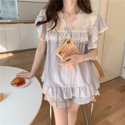 Lace-Trimmed Short-Sleeve Pajama Set with Shorts