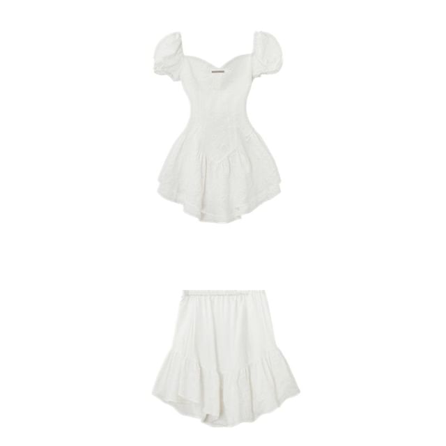 Set: Puff-Sleeve Sweetheart Peplum Top + Ruffled Mini Skirt