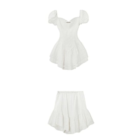 Set: Puff-Sleeve Sweetheart Peplum Top + Ruffled Mini Skirt