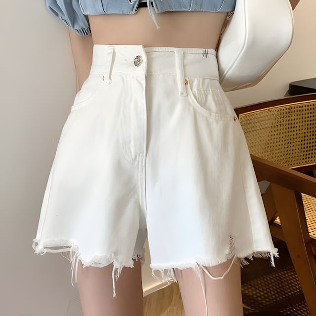 [S] Fray Hem High Waist Denim Shorts