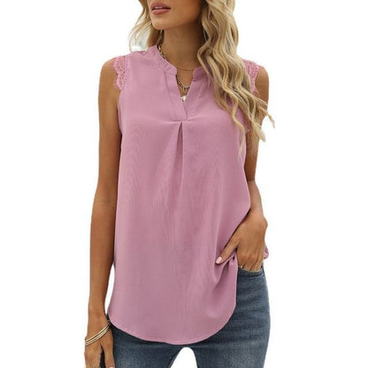 Sleeveless V-Neck Top with Lace Embellishment