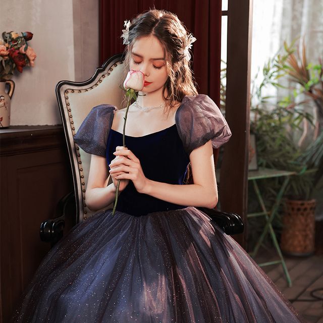 Short-Sleeve Glitter Mesh Evening Gown