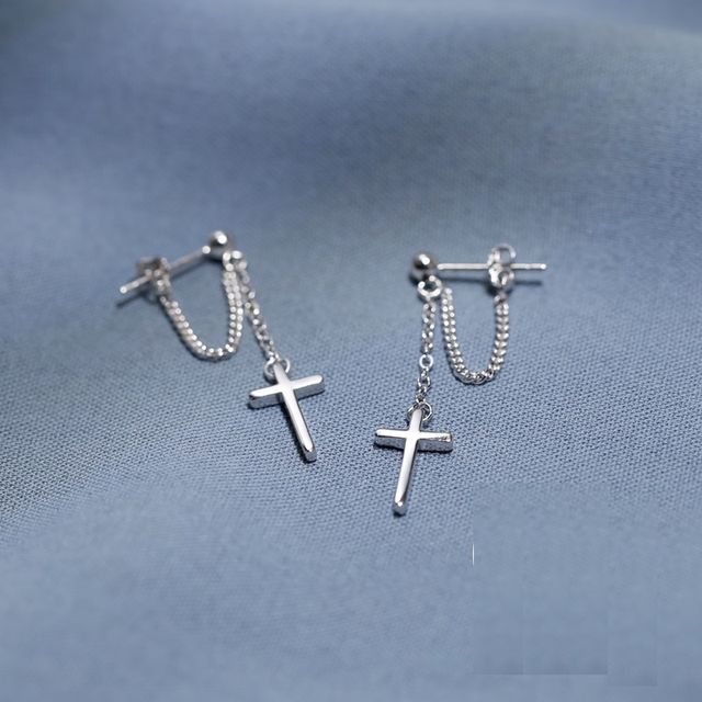Earring Silver Sterling Drop Cross