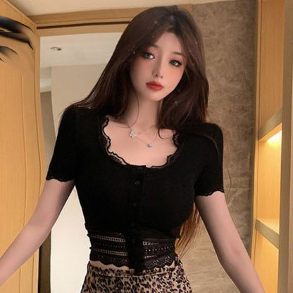 Short-Sleeve Tee with Lace Trim Detail