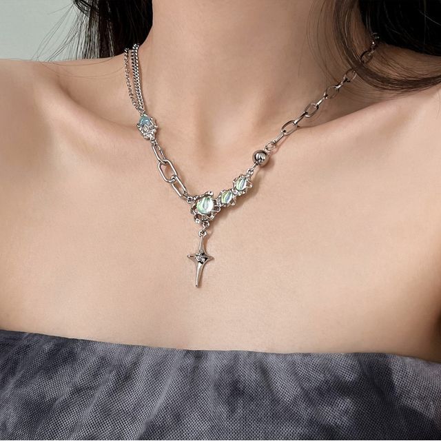 Stainless Star Rhinestone Necklace Pendant Moonstone Steel