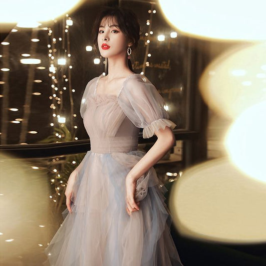 Short-Sleeve Mesh A-Line Evening Gown