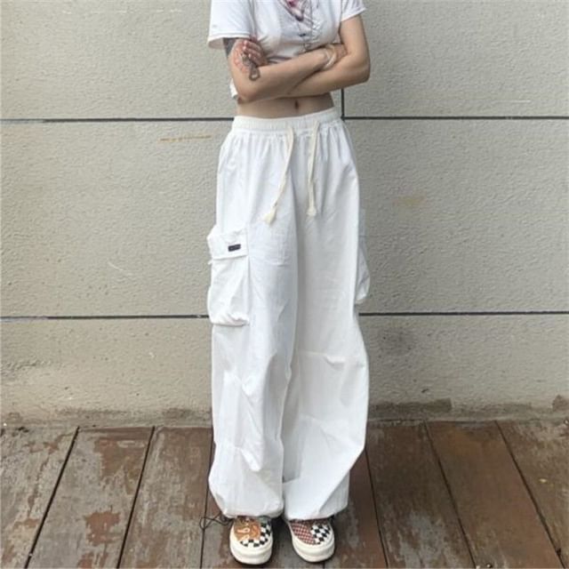 High Waist Plain Pocket Loose-Fit Wide-Leg Sweatpants