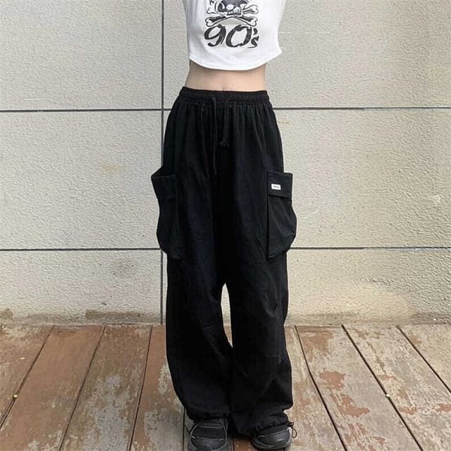 High Waist Plain Pocket Loose-Fit Wide-Leg Sweatpants
