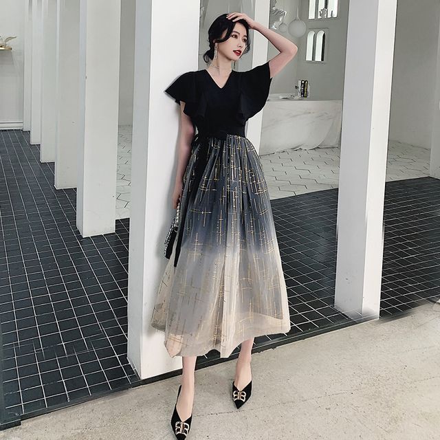 Short-Sleeve A-Line Evening Gown / Cocktail Dress