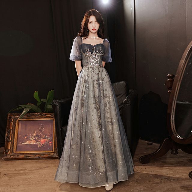 Short-Sleeve Sequin Mesh A-Line Evening Gown