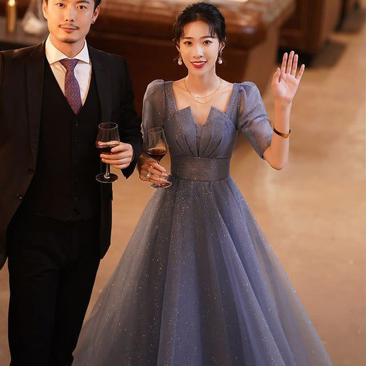 Short-Sleeve Notched Mesh A-Line Evening Gown