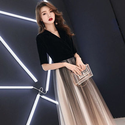 Short-Sleeve V-Neck Ombre A-Line Evening Gown